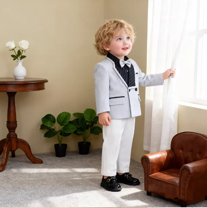 Boys Elegant Silver Suit Set Kids Piano Host Speech Catwalk Performance Costume Children's Wedding Birthday Photogrpahy Outfit 