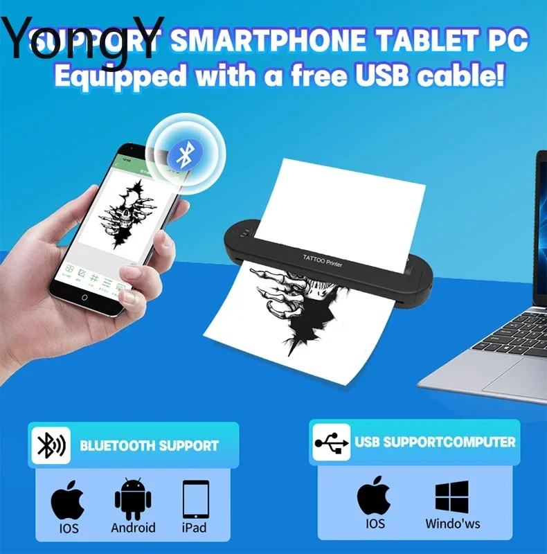YILONG ATS886 A4 Wireless Tattoo Transfer Stencil Printer Tattoo Transfer Thermal Copier Machine Compatible with Smartphone & PC
