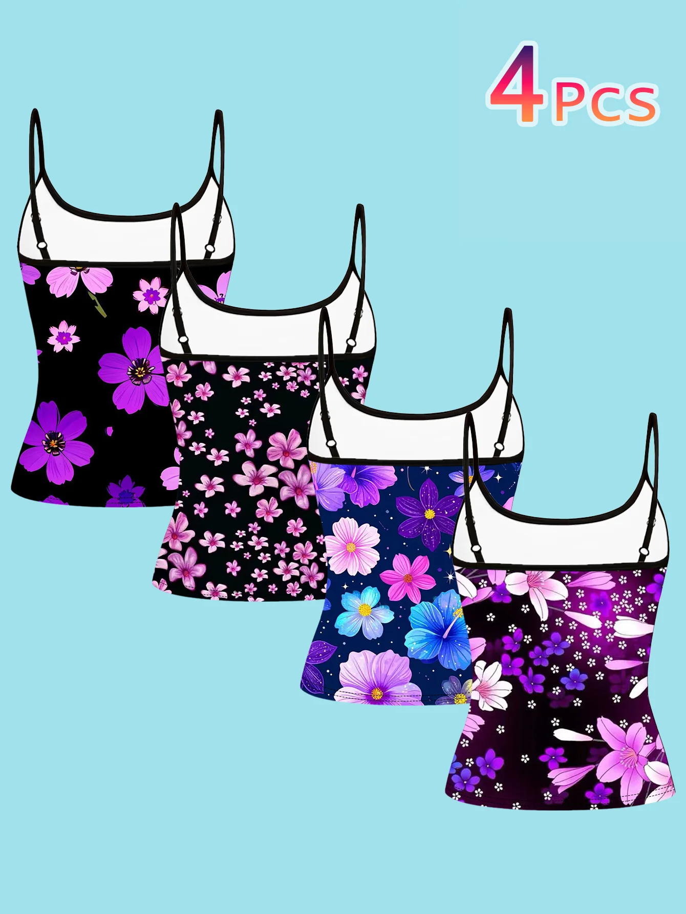 4-Piece Set of Women's Spaghetti Strap Camisoles with Black Base and Purple Pink Floral Art Print Featuring Large Flowers, Cherry Blossoms, and Starry Sky, Slim-Fit Sleeveless Tops