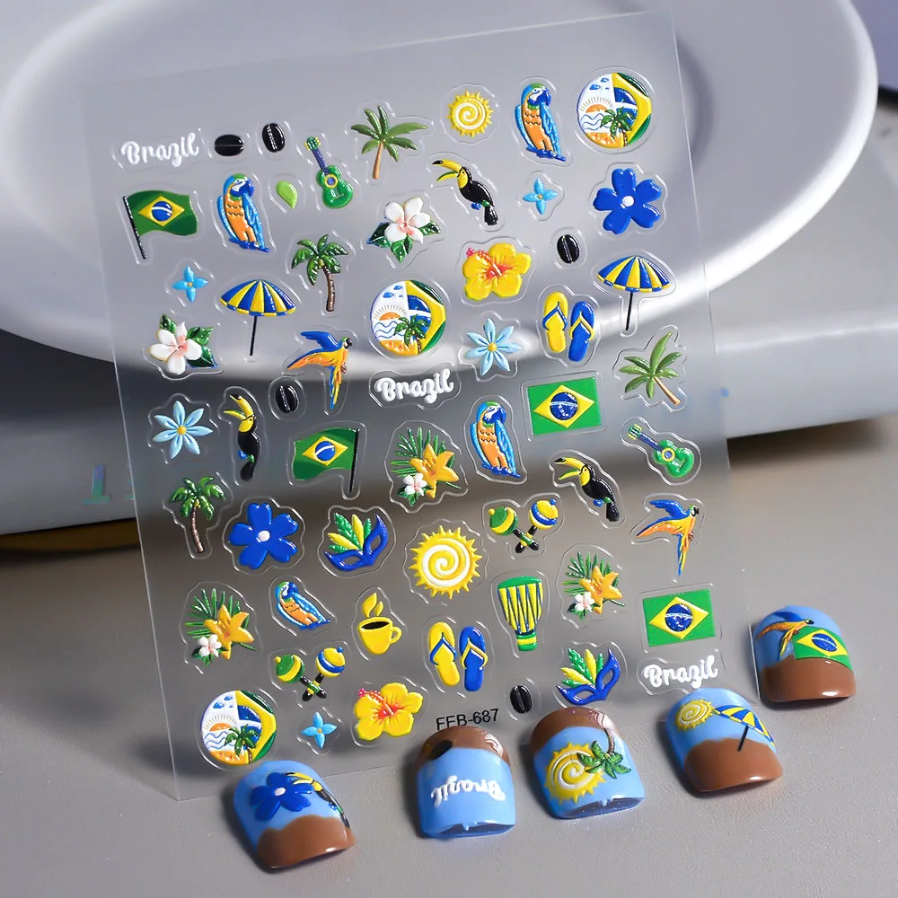 Brazil Flag Nail Sticker 5d Embossed Summer Vacation Coconut Palm Slider Nail Art Decals Manicure Tattoo FEB-687