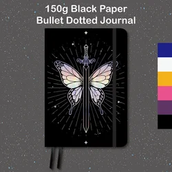 150g Black Paper Bullet Dotted Journal, 160 Pages 5x5mm Dot Grid Notebook, A5 Size Vegan PU Leather Hardcover With Elastic band