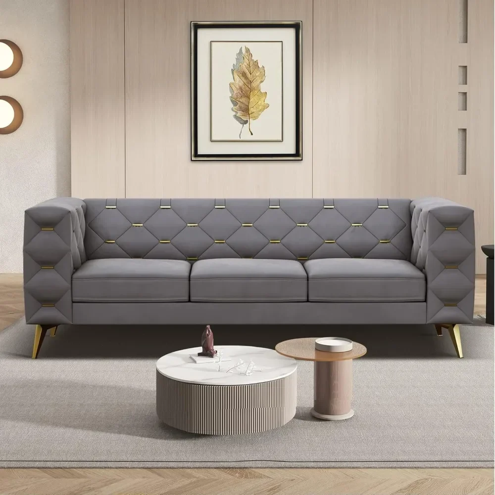 

Sofa, 84'' Velvet Upholstered 3 Seater Couch with Square Arms and Tufted Back, Couch with Metal Buckle Decor and Metal Legs,Sofa