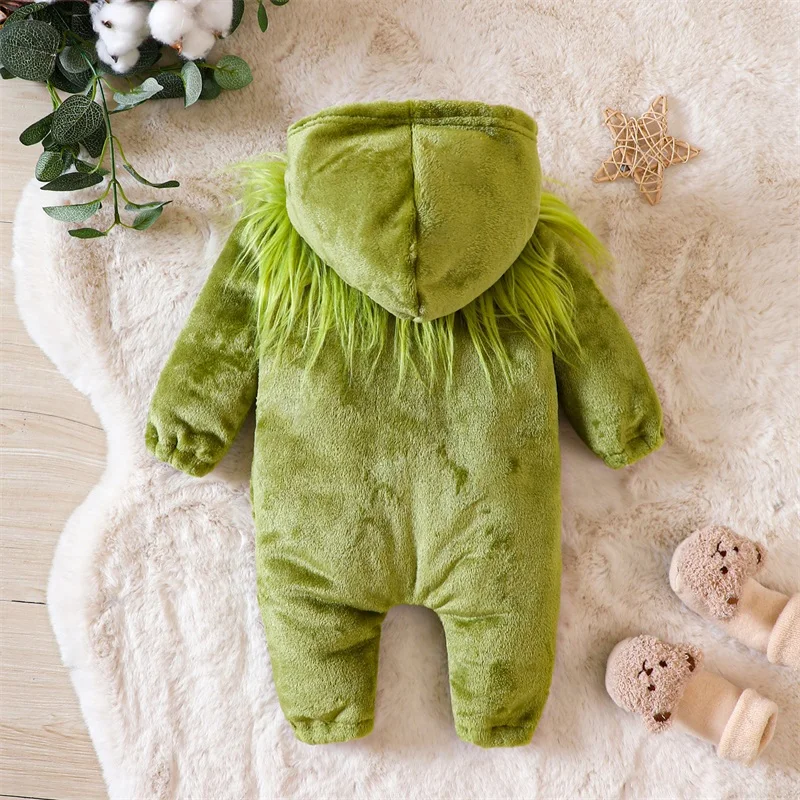 Baby Boy Girl Christmas Hooded Romper Long Sleeve Zip Up Romper Newborn Fleece  Fuzzy Green Monster Clothes