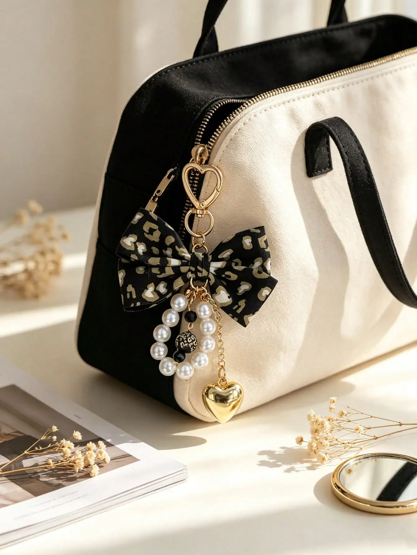 Leopardenmuster-Schleifen-Schlüsselanhänger mit Herzanhänger, einfacher Taschenanhänger für Damen, Perlen-Schlüsselanhänger, Perlenanhänger, Geschenk für Frauen – Detail 26