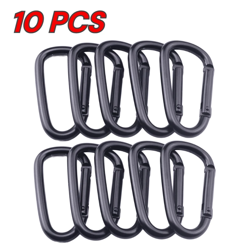 10pcs Black Aluminum Carabiner D-Ring Key Chain Clip Camping Keyring Snap Hook Outdoor Travel Kit Camping Equipment