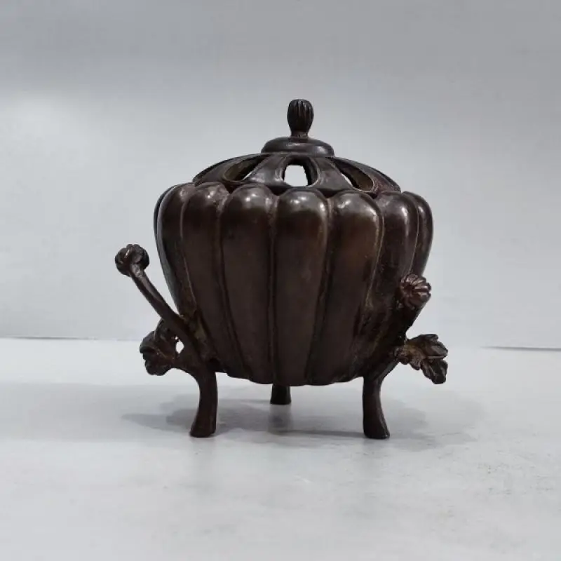 Brass Pumpkin Shaped Incense Burner Three Legged Tripod Censer with Openwork Lid Lotus Pattern Collectible Desktop Ornament