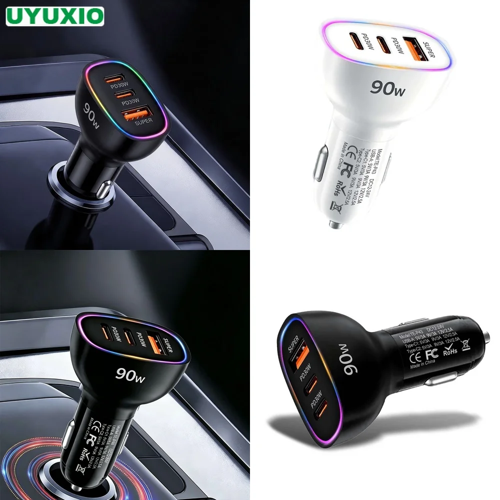 90W Car Charger Multi Port Fast Charging Dual PD 30W Type C USB A 30W Adapter for Laptop MacBook PPS QC3.0 SCP RGB LED Socket