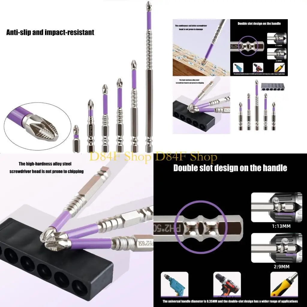 D84F 6Pcs Screwdriver Bit Set 1/4inch Shank Antislip Crossing Head