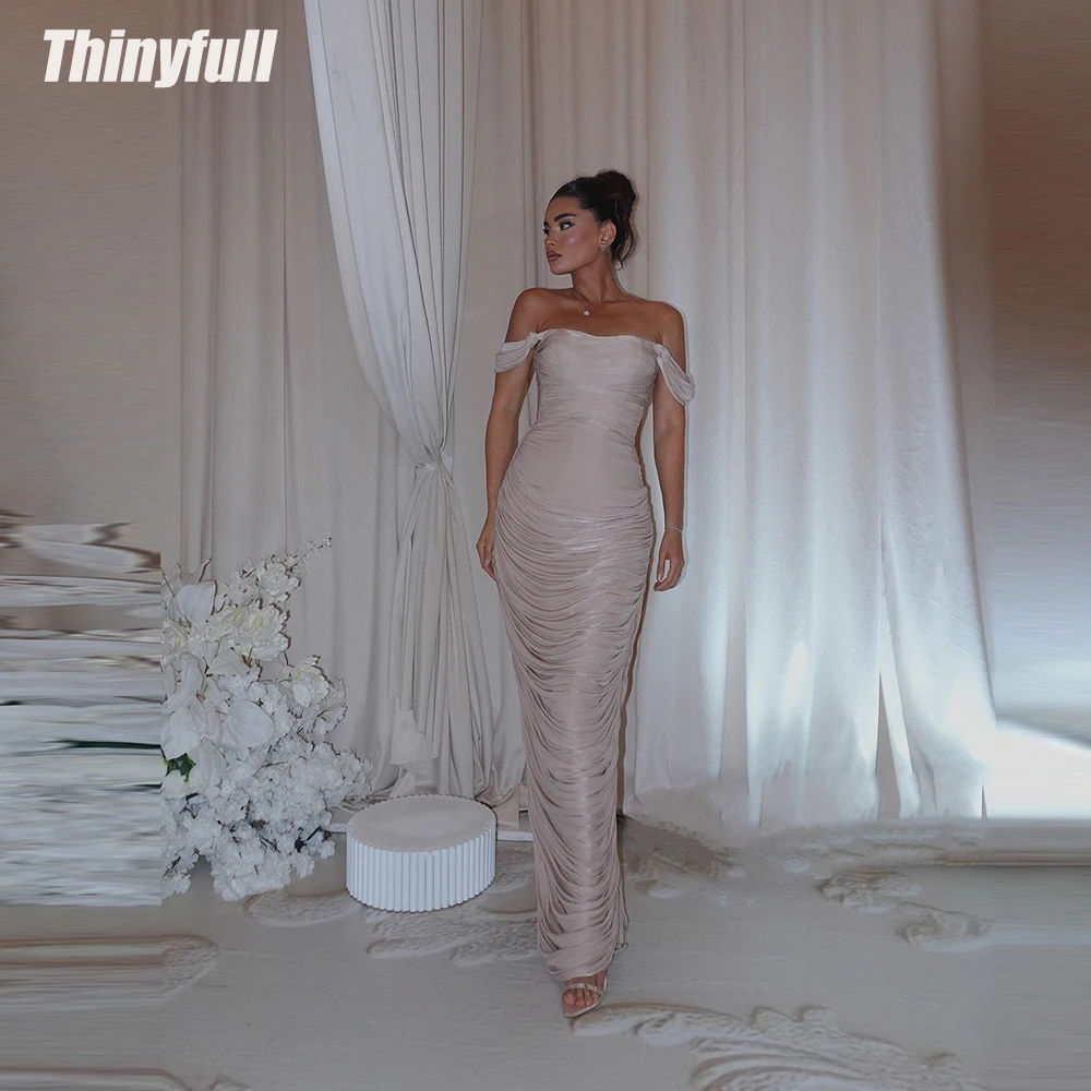 

Thinyfull Mermaid Prom Dresses Off Shoulder Sleeveless Shiny Satin Arab Evening Gown Long Dress robes de soirée Customized