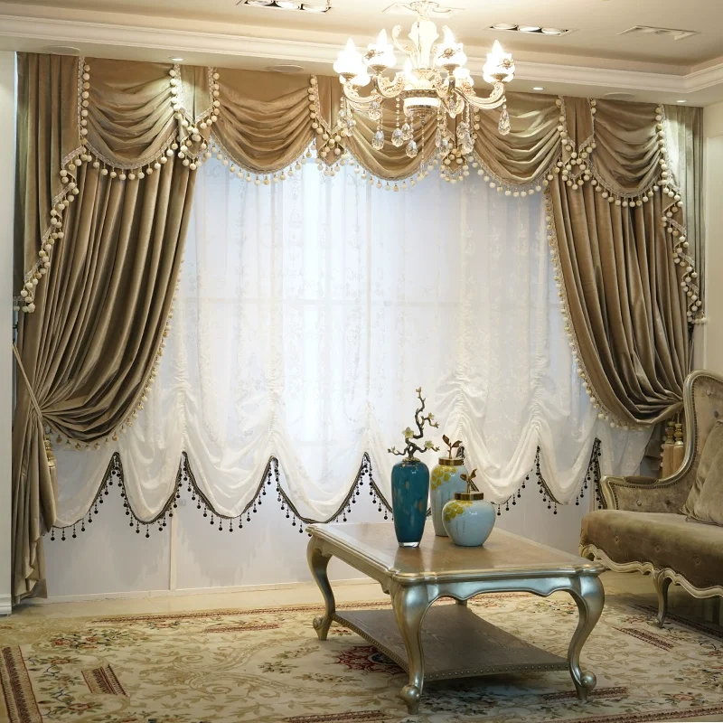 

Neoclassical European Blue Curtains for Living Room Bedroom Study High-grade Luxury Solid Colour Embroidery Velvet Fabric Custom