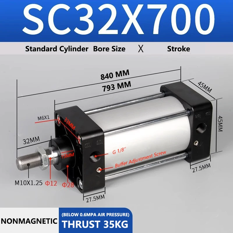 

ABILKEEN SC32X700 Standard Pneumatic Cylinder 32mm Bore Size X 700 MM Stroke Double Acting Air Standard Cylinder