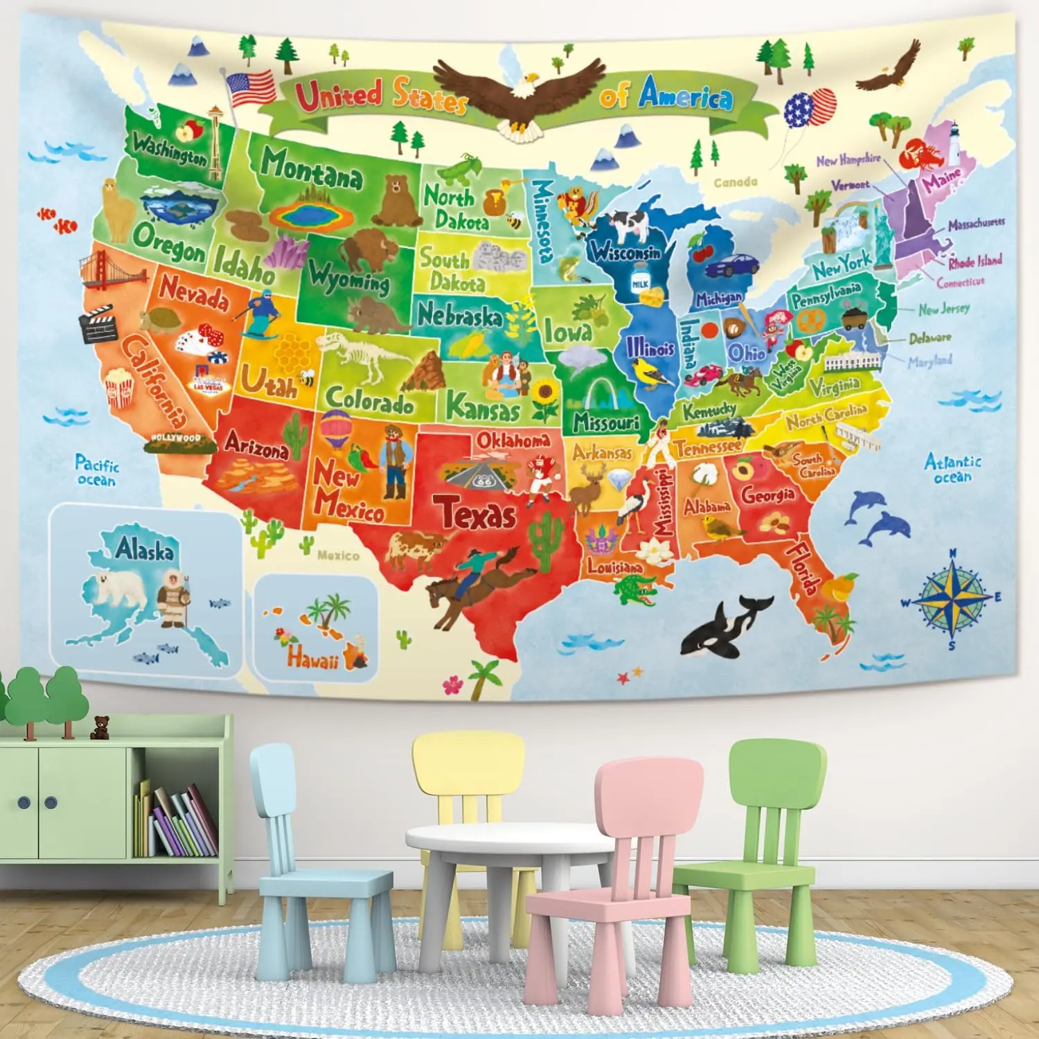 Tapisserie murale avec carte des états-unis, Art éducatif pour enfants, décor de géographie des états-unis, apprentissage en classe, suspension pour chambre d'enfants