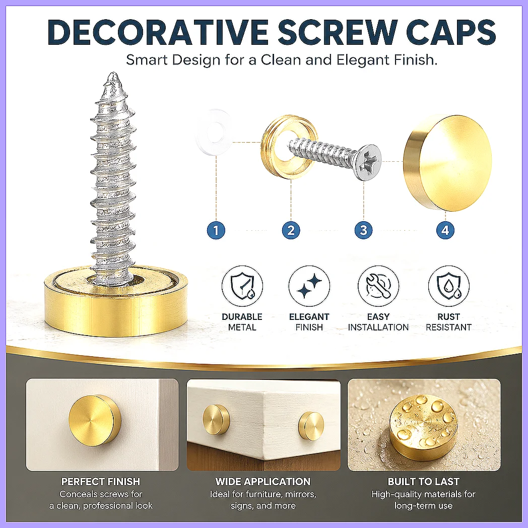 Mirror Screws Decorative Cap Cover Nails 2/4/8pcs Polished Gold Silver, 10/12/14/18/22/25mm Round Head Furniture Fasteners fo