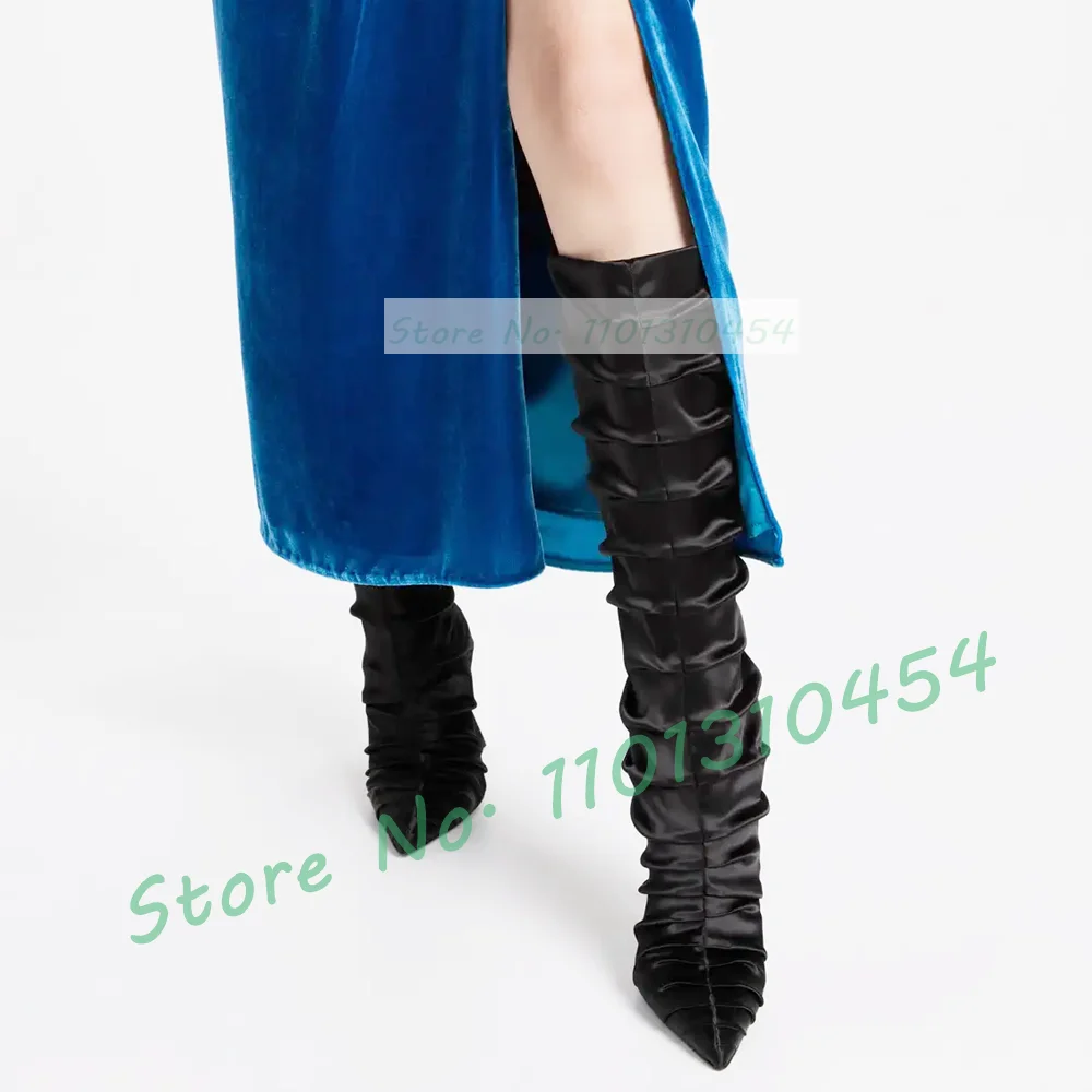 Black Pleated Satin Long Boots Stylish Women New In High Heels Pointy Shoes Sexy Ladies Causal Summer Back-zip Streetwear Shoes