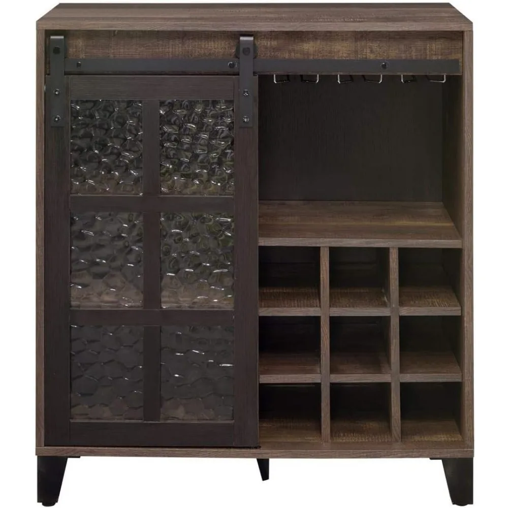 Ndustrial Bar Cabinet with Blurred Glass Sliding Barn Doors, Wine and Tall Glass Holders, Accent Buffet Sideboard Kitchen Table