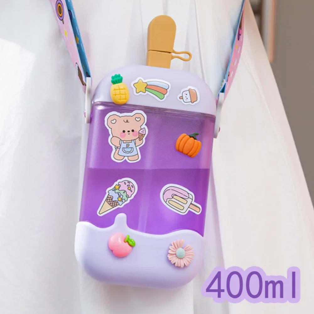 Ice Cream Popsicle Shape Water Cup Portable 400ML Crossbody Strap Spout Cup Plastic Student Water Bottle