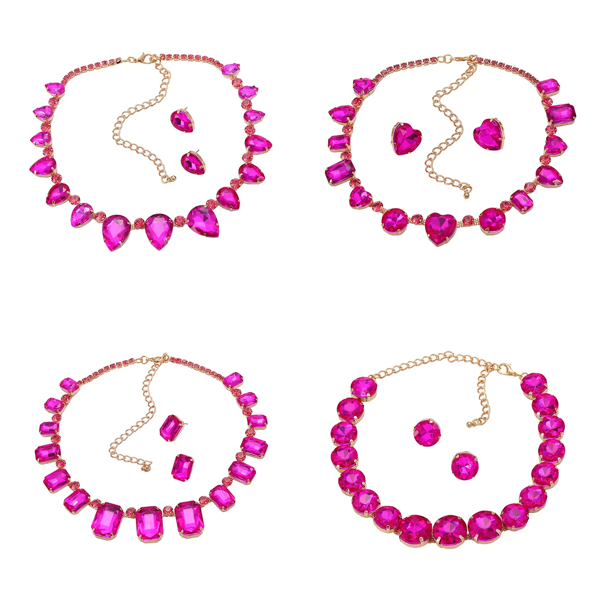 Wedding Party Fuchsia Colorful Geometric Rhinestone Necklace Earrings Jewelry Sets For Women Banquet Accessory