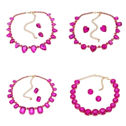 Wedding Party Fuchsia Colorful Geometric Rhinestone Necklace Earrings Jewelry Sets For Women Banquet Accessory