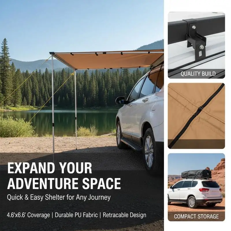 Vehicle Canopy 4.6'x6.6' For SUV Truck Camper Van, PU3000mm UV50+ Retractable Shelter Storage Bag Included
