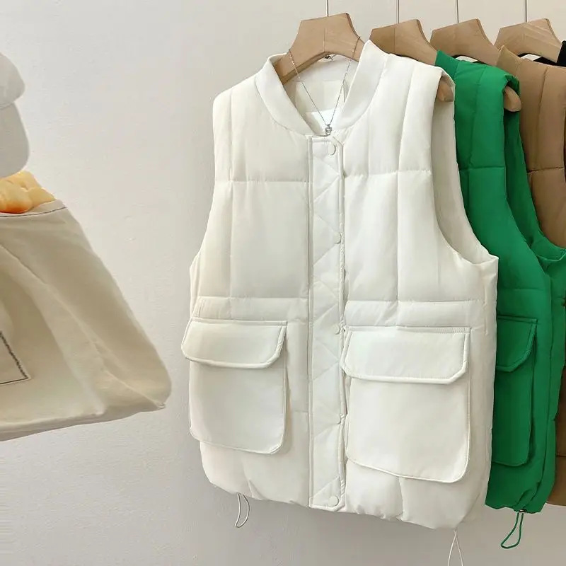 

2025 Autumn Winter Down Cotton Sleeveless Vest Jacket Women Loose Korean Version Cotton Vests Female Black Waistcoat Coat