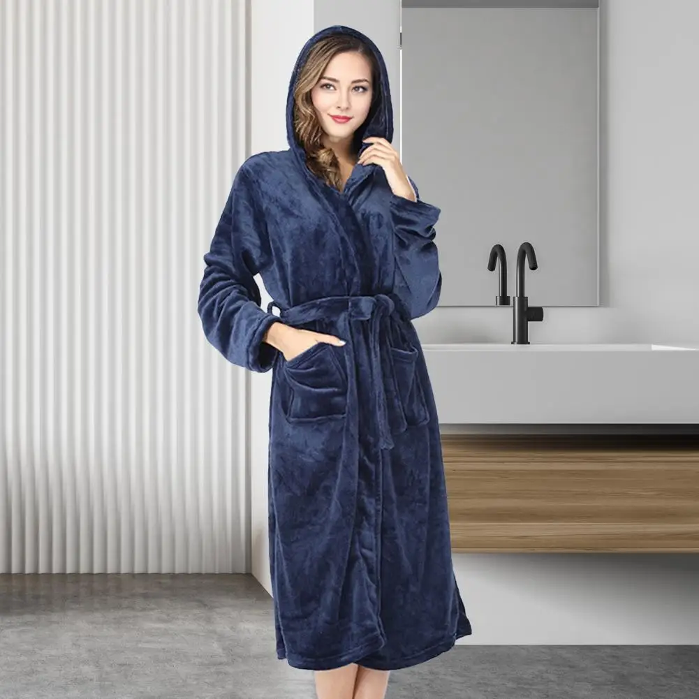 Women Hooded Flannel Bathrobe Plush Long Spa Robe with Waistband Pockets Soft Fluffy Hooded Bathrobe for Lounging Relaxing