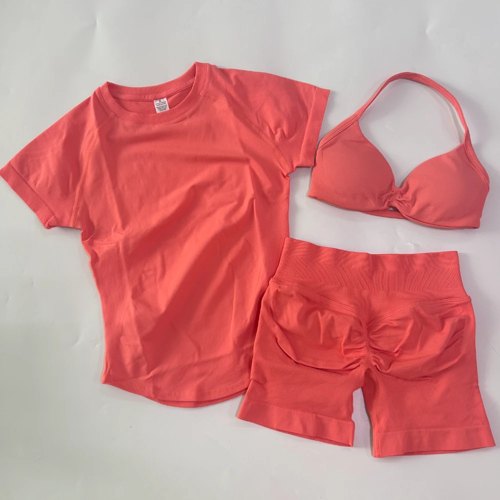 3-teiliges Workout-Set für Damen: Sport-BH mit Trägern + Sport-Top mit langen Ärmeln + Yoga-Shorts, Sportanzug, Yoga-Kleidung, Fitness-Outfit – Detail 15