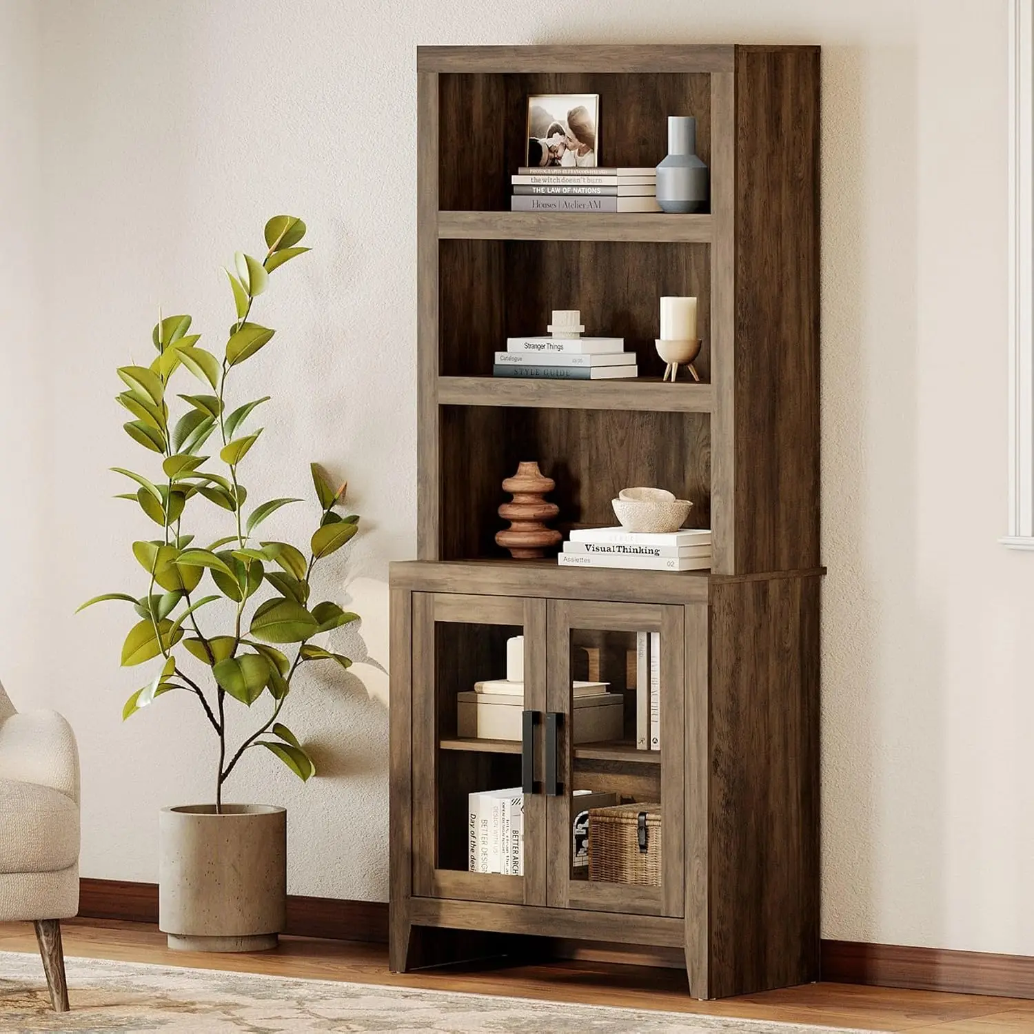 Wooden Bookshelf with Glass Door, 74" Tall Bookcase with Adjustable Shelf & Cabinet for Living Room Office, Brown, Customized