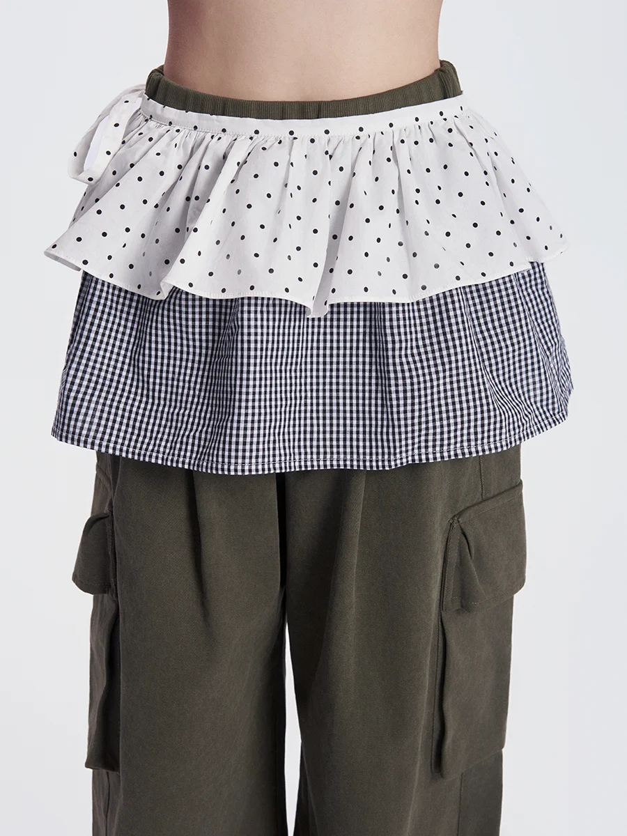 

about Girl Polka Dot Plaid Splice Belted Skirt Girls Casual Cotton Stand Fit Midi Skirt Spring Summer 2024