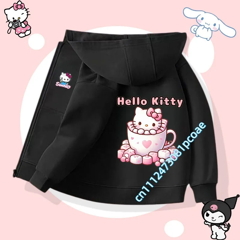 2026 Hello Kitty children's zipper-style hooded sweatshirt for girls, casual top, sports shirt, cartoon print, fall/winter coat