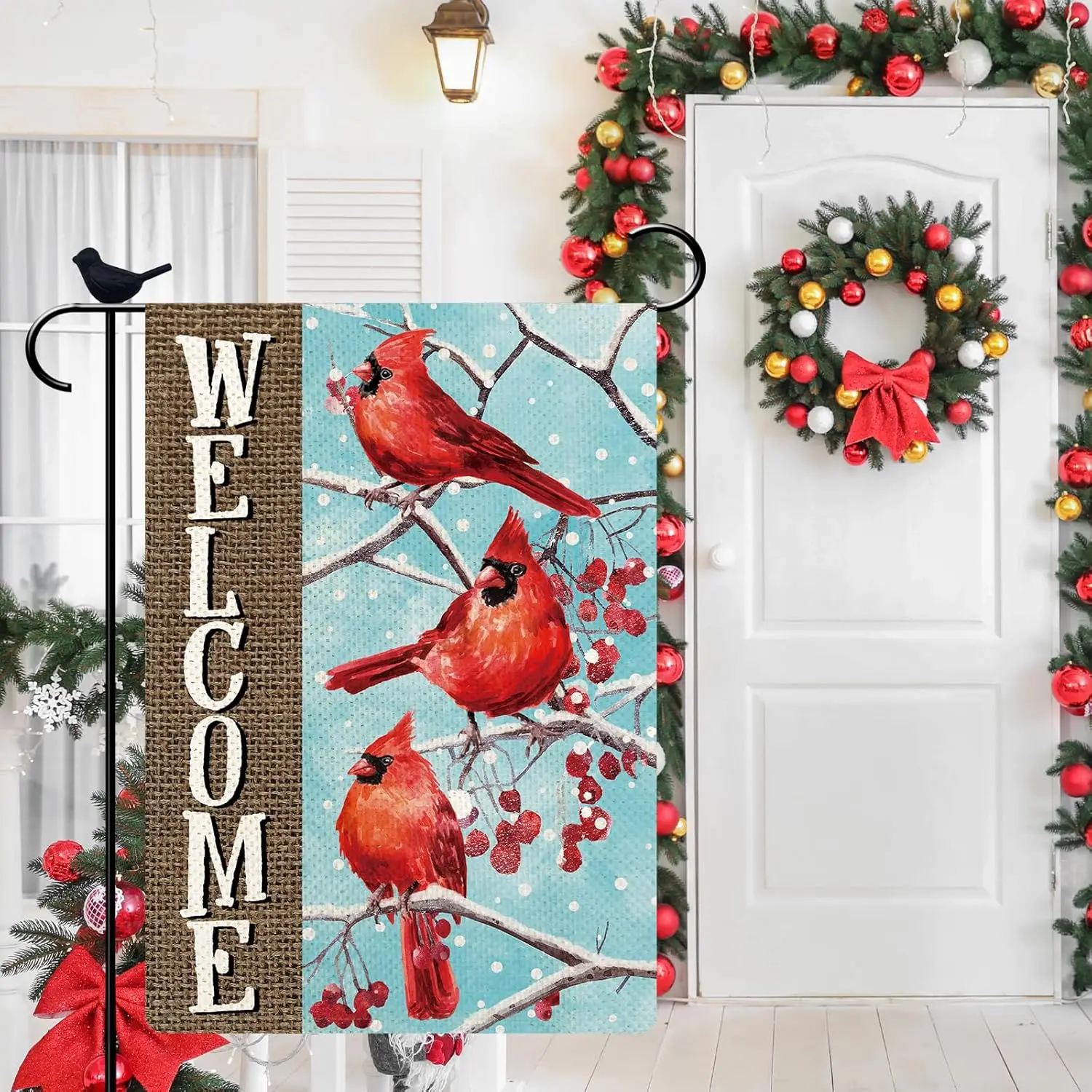 Welcome Cardinal Winter Holiday Garden Flag for Outside Red Cardinal Birds Seasonal Christmas Flag 12x18 Double Sided Farmho SSL