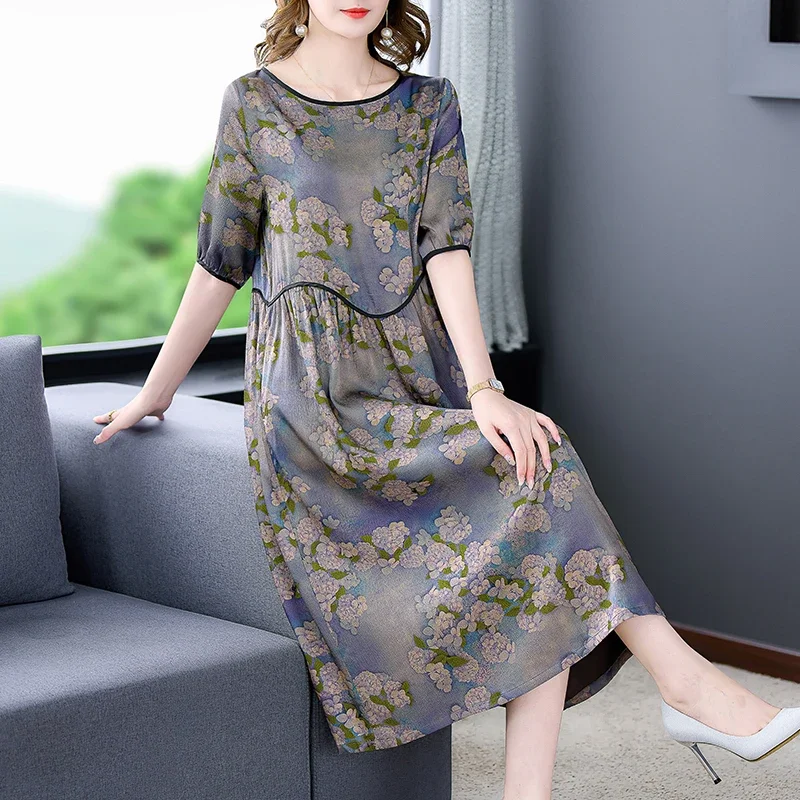 

Female Floral Natural Silk Satin Midi Dress Summer Short Sleeve Light Loose Waist A-Line Dress Korean Vintage Casual Dress D69