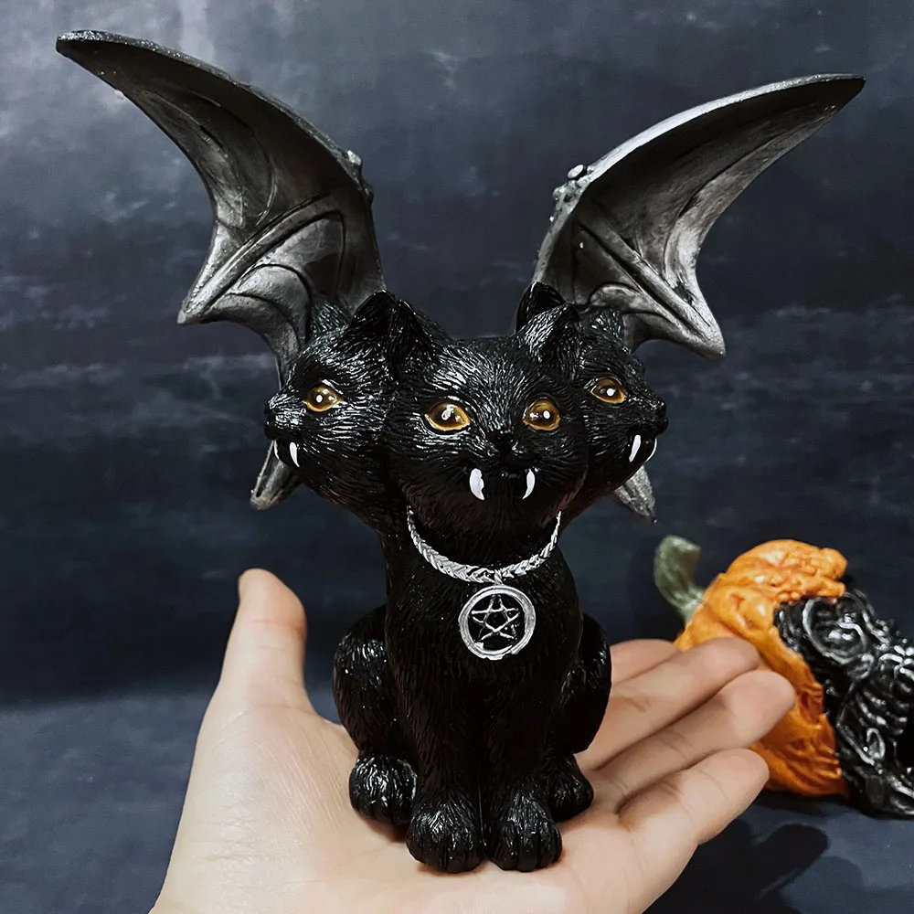 

Dark 3 Heads Cat with Bat Wings Statues for Halloween Decoration Black Cat Ornaments for Home Sculptures & Figurines Decoration