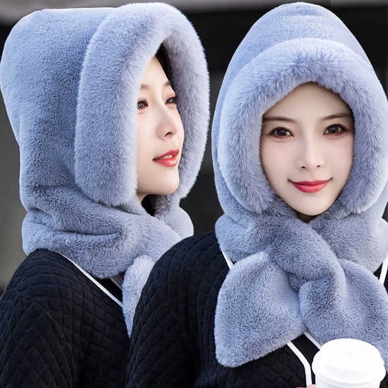 

Winter Fur Cap Scarf Set Hooded for Women Knitted Cashmere Neck Warm Balaclava Ski Windproof Hat Thick Plush Fluffy Beanies Hood