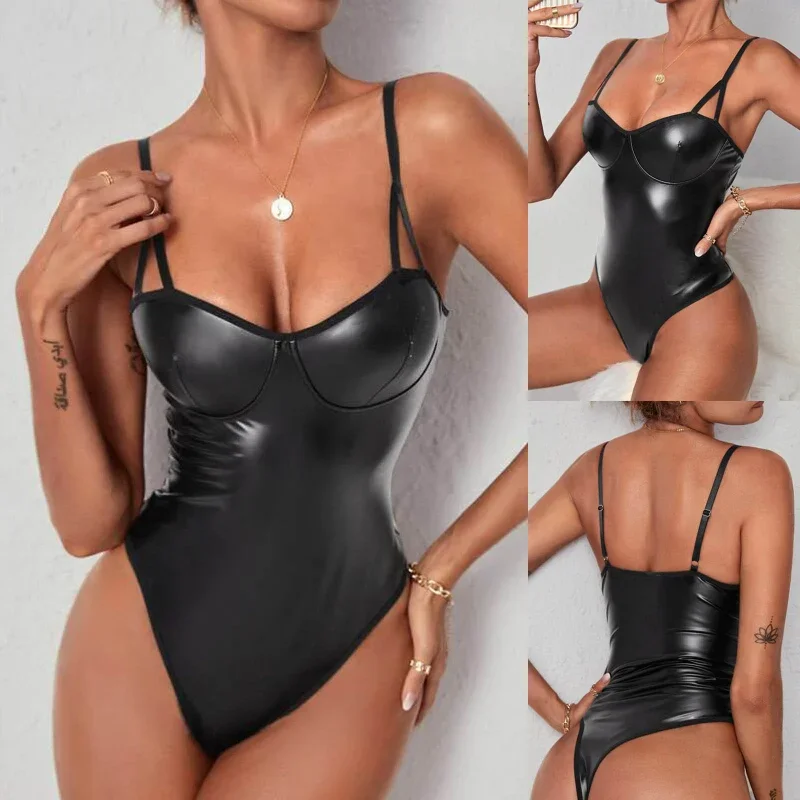 Hot Mesh Latex Leather Bodysuit Erotic Teddy Dress Sexy Porn Body Lingerie Women Bdsm Bandage PU Outfit Fancy Babydoll Underwear