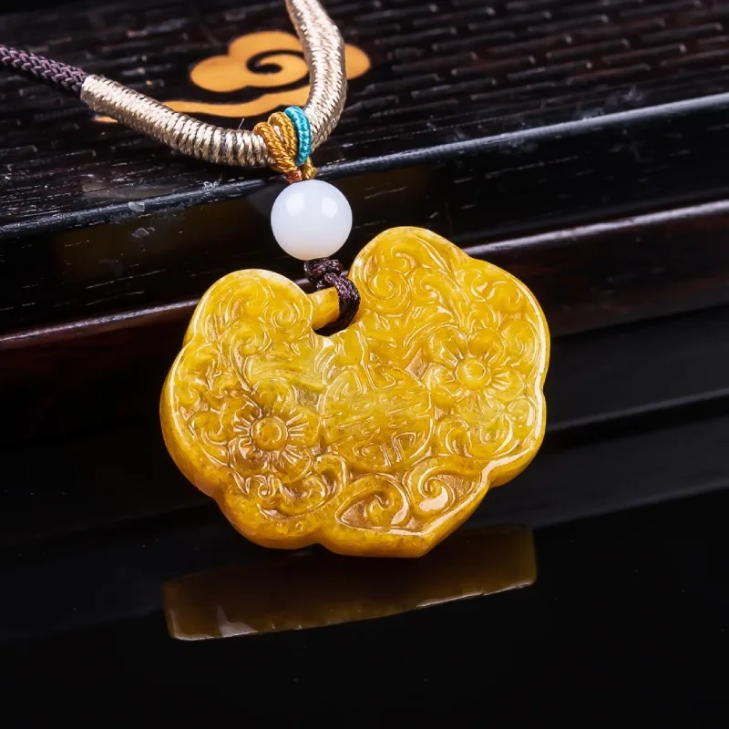 Natural Yellow Emerald Jade Auspicious Clouds Flower Pendant Necklace Real Carved Charm Jewelry Fashion Amulet Gift Women Men