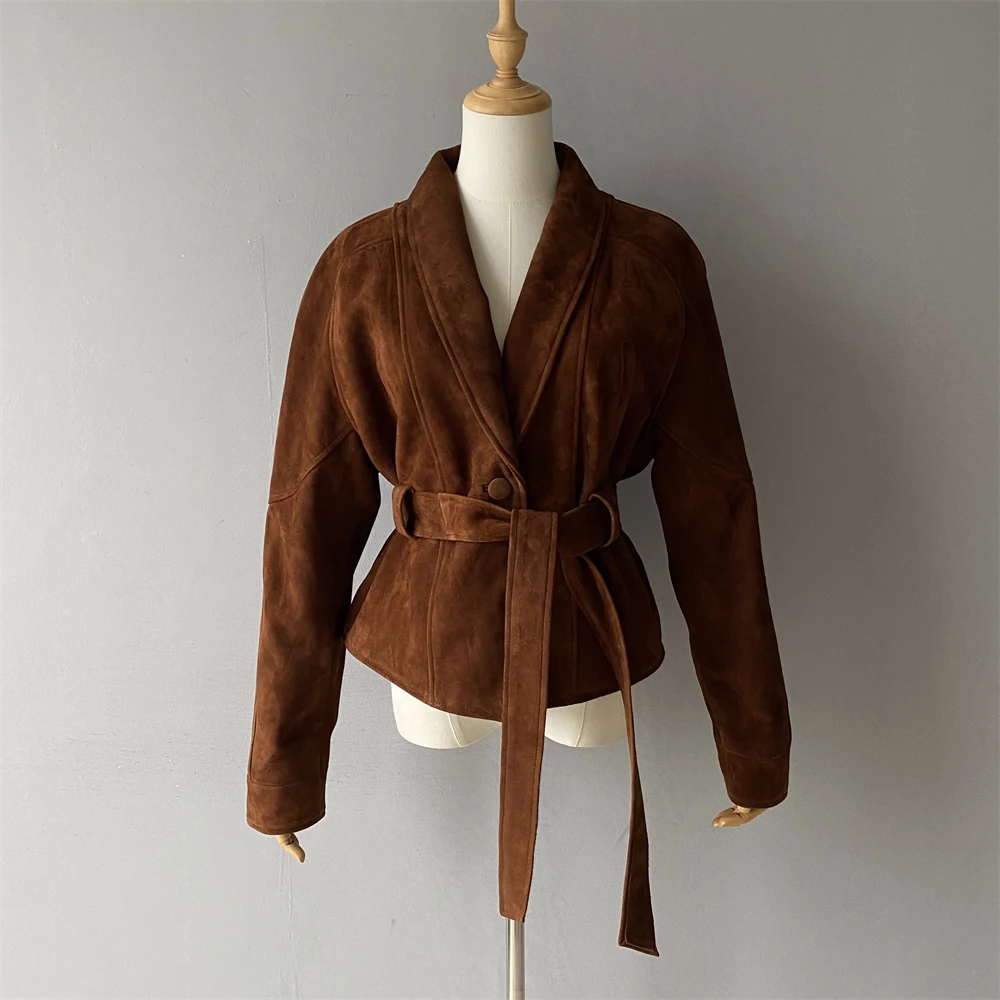 Jaxmonoy Vrouwen Schapenvacht Leren Jas Dame Echt Suède Jas Mode Blazer Jassen met Riem 2025, Herfst Winter Nieuwe Stijl