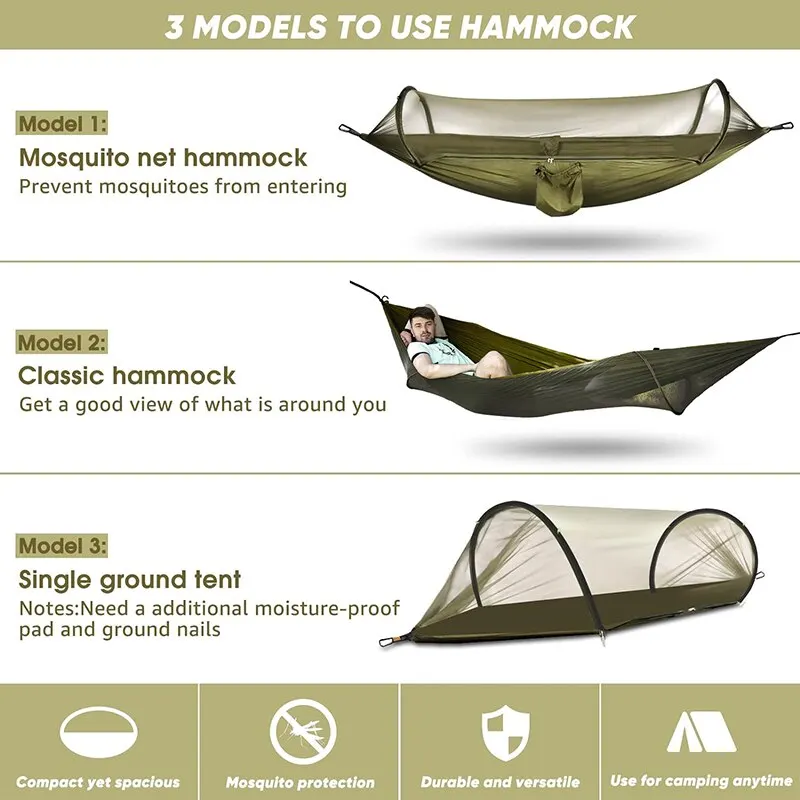 WESTTUNE 3 in 1 Camping Hammock with Mosquito Mesh Automatic Quick Opening Nylon Hammock Anti-Mosquito Hammock for Outdoor