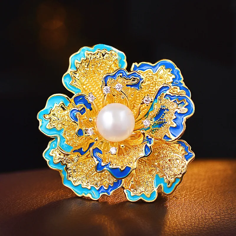 Chinese Vintage Court Style Enamel Glaze Peony Brooch 3d Carved Gold Freshwater Pearl Lucky Auspicious Fortune Blessing Jewelry