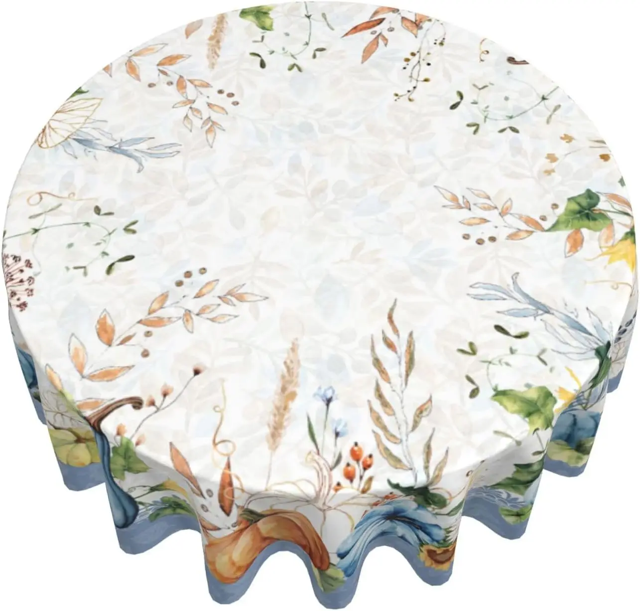 Fall Blue Orange Pumpkin Tablecloth Round 60 Inch Autumn Floral Leaves Decorative Table Cloth Washable Wrinkle Stain-Resistant