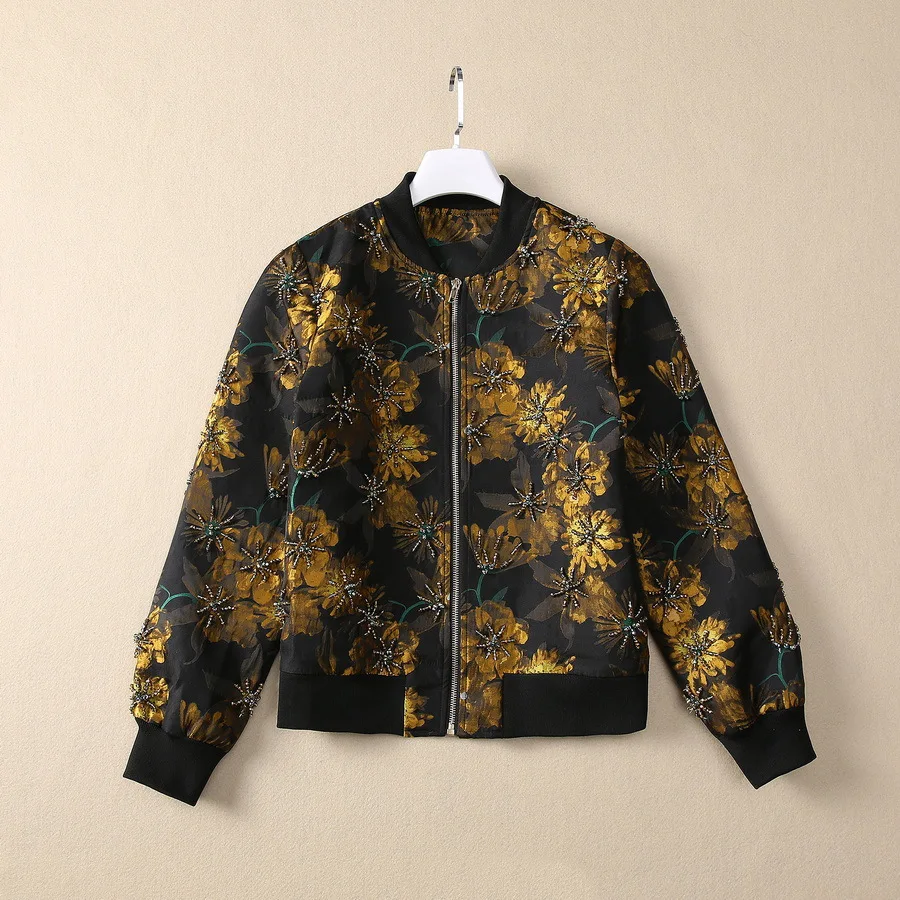 Europe and the United States women's 2024 winter new Long sleeve yellow flower jacquard nailed bead fashion Zipper jacket XXL