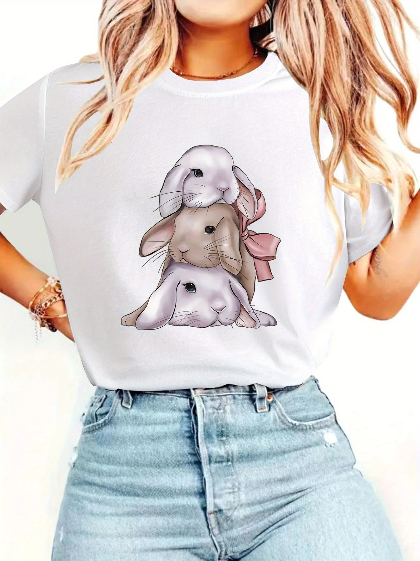 Camiseta informal de manga corta para mujer, camiseta con estampado apilado de conejo de dibujos animados, cuello redondo, Top de moda para primavera y verano