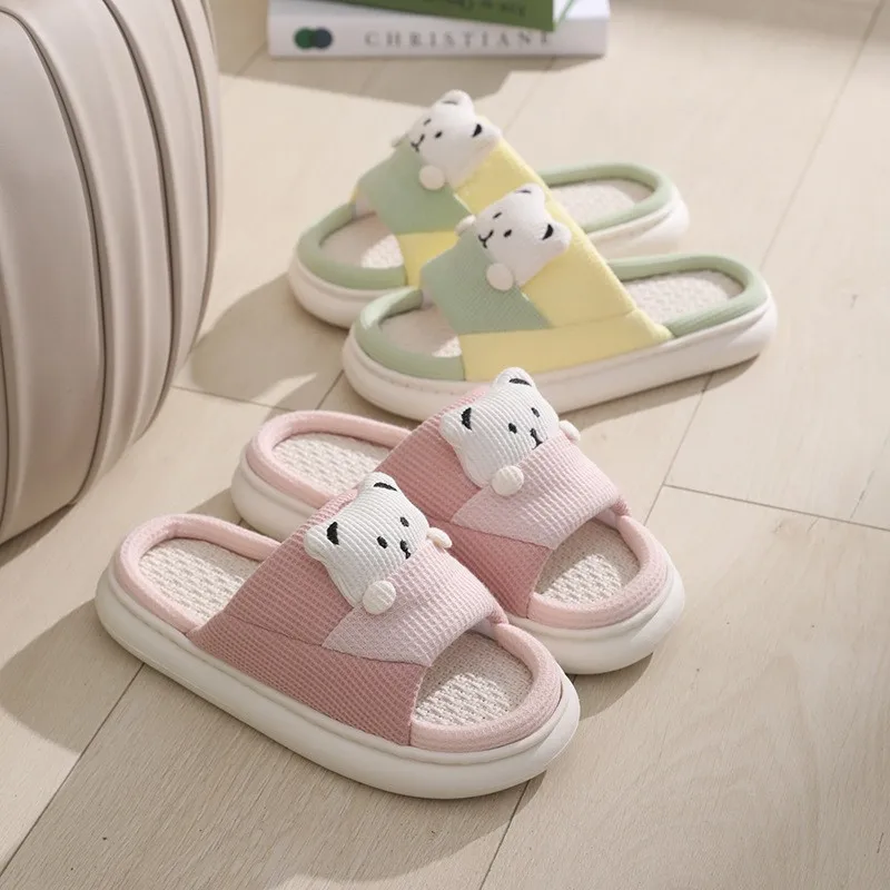 

Gacimy женские домашние тапочки с открытым носком, льняная домашняя обувь с милым медведем, удобные женские шлепанцы с мягкой подошвой, дышащие тапочки для спальни