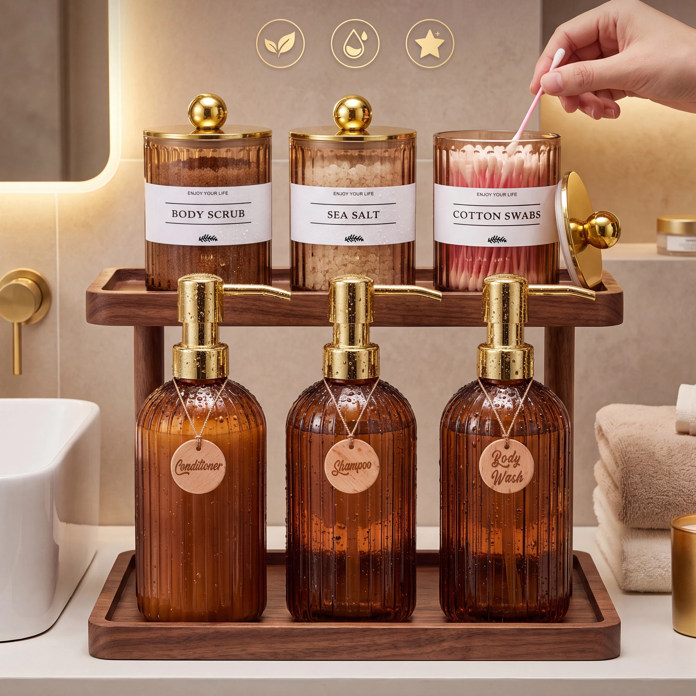 Amber Bathroom Accessory Set, 6Pcs/set Refillable Pump Bottles and Storage Jars Bathroom Canister Set for Bath Vanity Decor