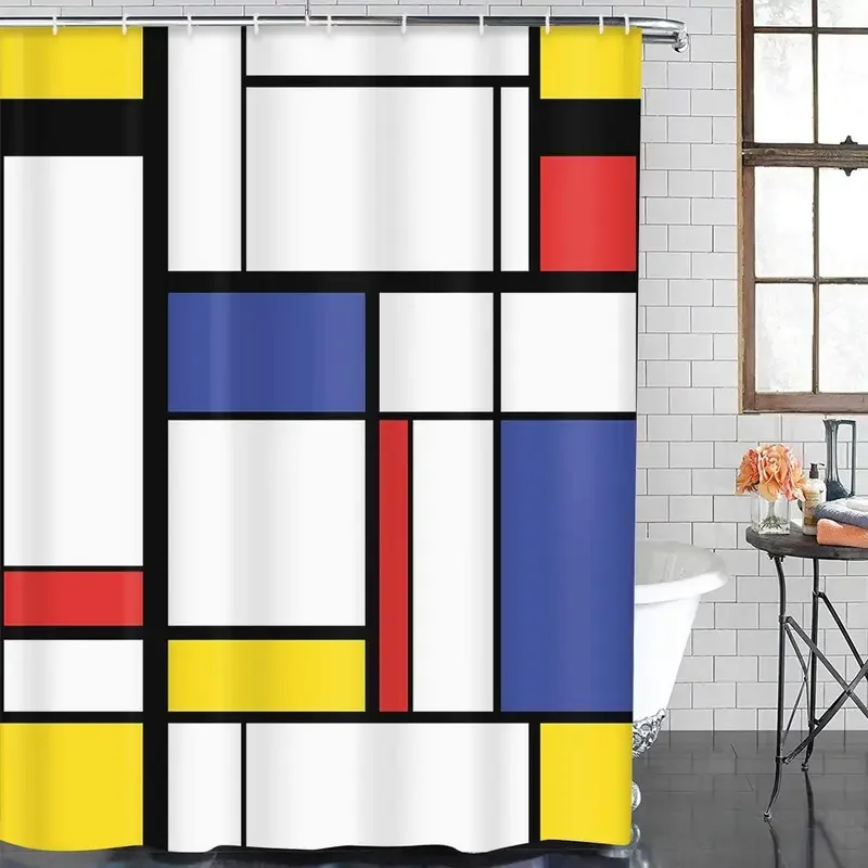 Blue Pattern Abstract Modern Painting in Mondrian Colorful Bauhaus Waterproof Polyester Fabric Shower Curtain 60 x 72 inches