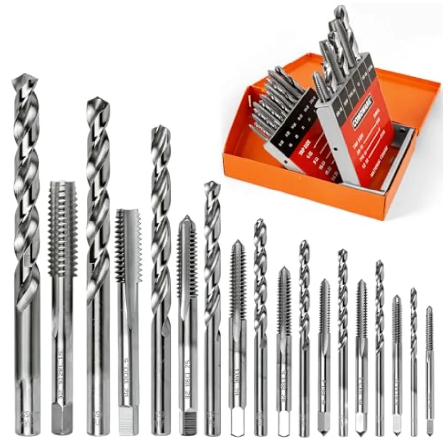 

Drill and Tap Sets HSS Jobber Length Drill Bits with Metal Indexed Case 18-Piece 6-32 to 1/2"-13 Tap Sizes
