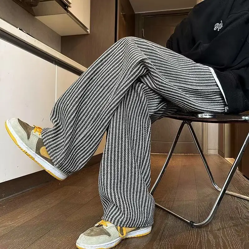 Spring Autumn New Fashion Elastic Waist Striped Contrast Color Straight Pants Man High Street Loose Pockets Patchwork Trousers