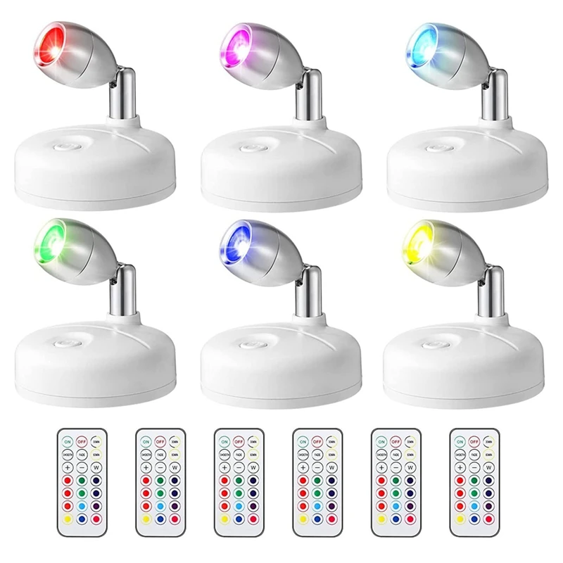 

Hot 6 Pcs RGB LED Spotlight With Remote, 13 Color Spotlight, Battery Operated Accent Lights For Hallway Artwork Closet