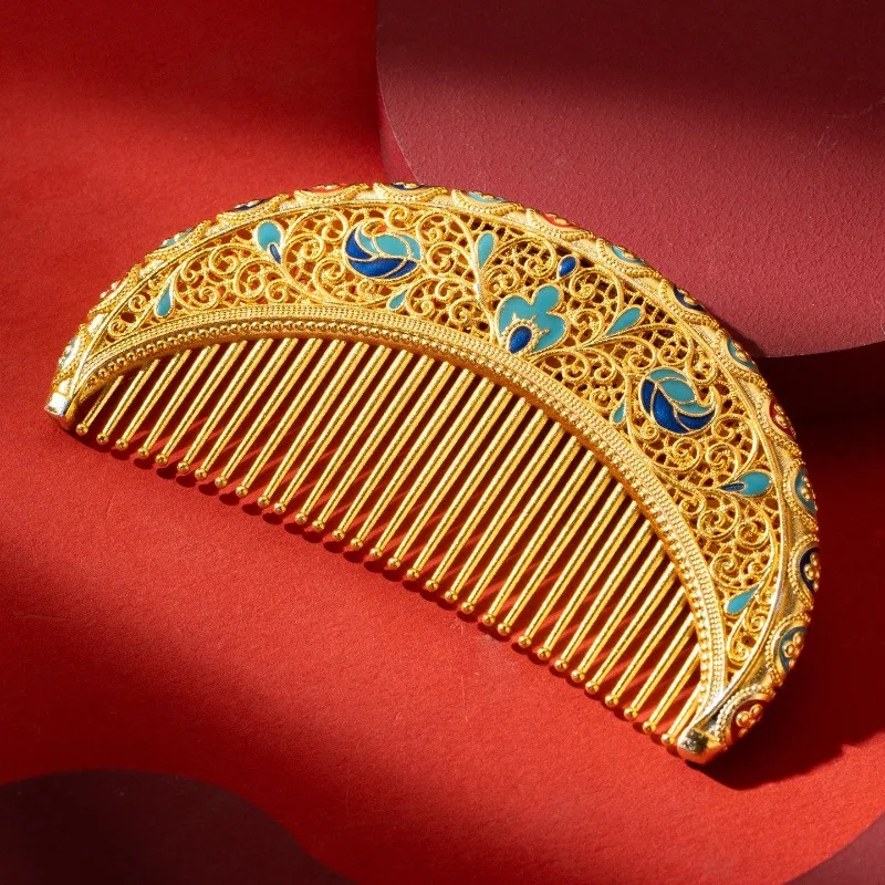 Floral brocade comb, exquisite filigree enamel dotted with colorful floral long hair comb