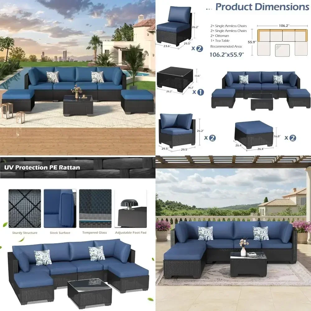 

Горячая распродажа: 7-предметный комплект садовой мебели из искусственного ротанга с диваном и темно-синими подушками.