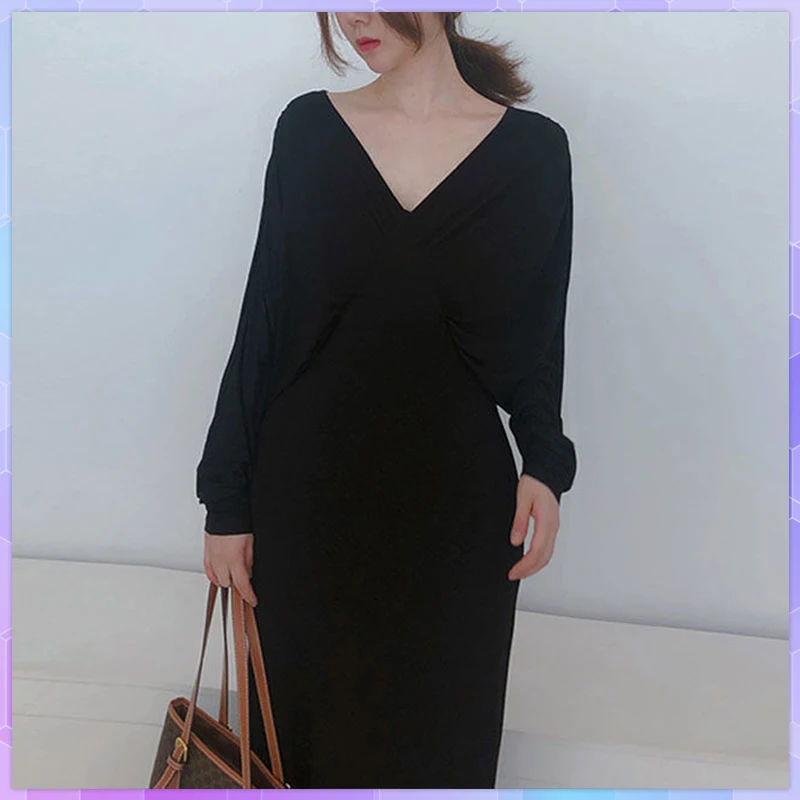 

Korean Mature V Neck Lady Batwing Sleeve Sexy High Waist Maxi Long Party Dress Winter Robe Casual Elegant Dresses For Women 2022